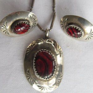 Navajo Red Paua Shell Jewelry Abalone Sterling Silver Set Necklace Earrings
